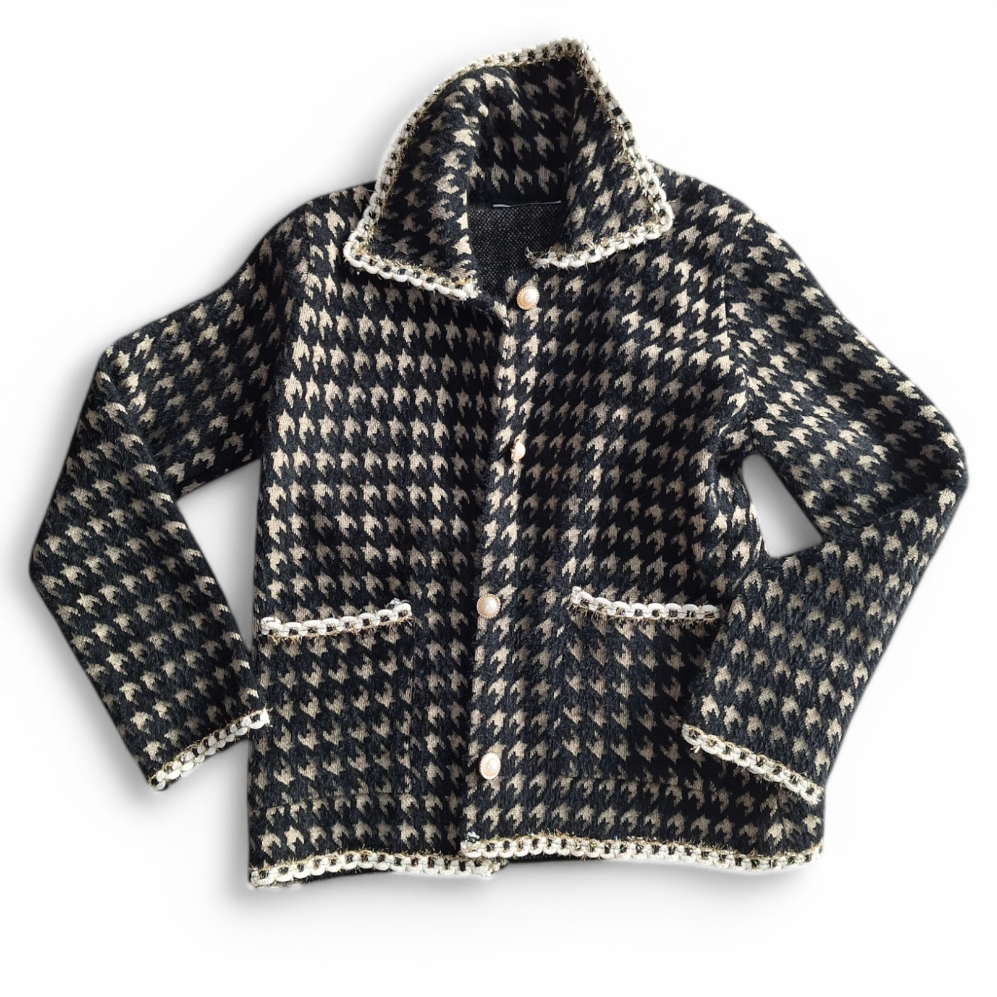 Strickjacke schwarz beige Hahnentritt